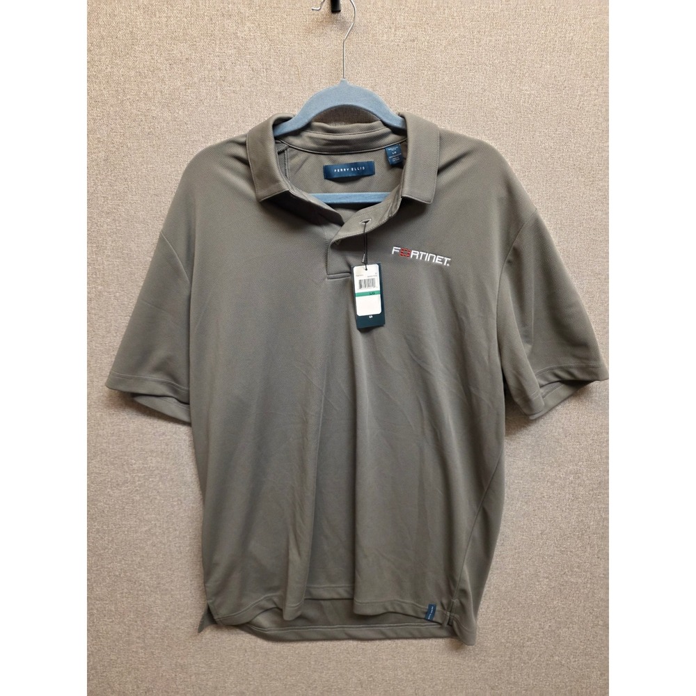 Perry Ellis Mens Polo Shirt L Smoked Pearl Grey Fortinet Logo Performance PEM100